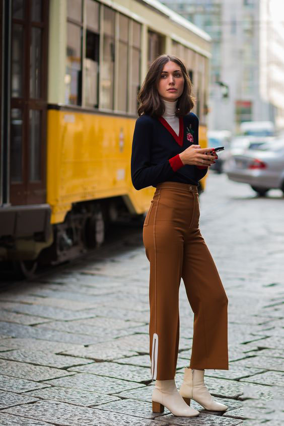 Navy Sweater and Brown Trousers